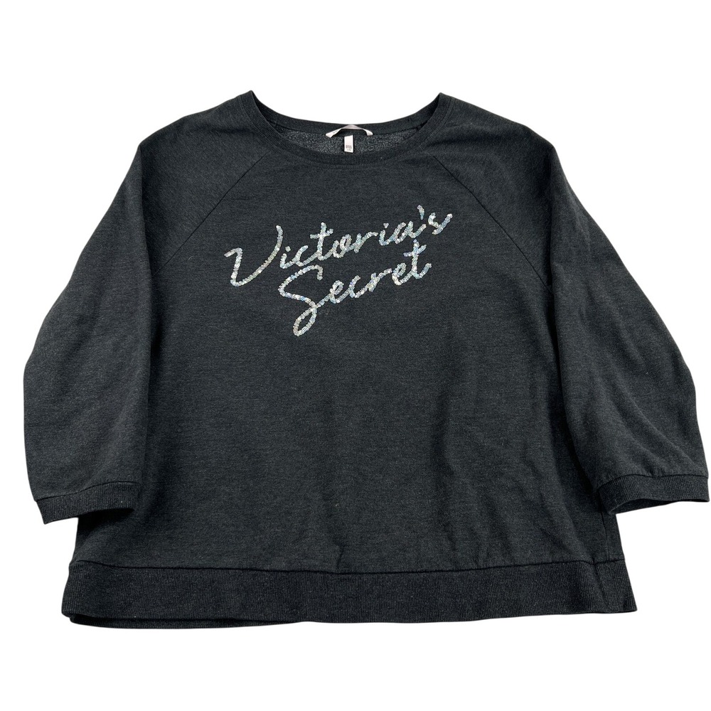 Victorias Secret Womens L Sequin Script Logo Sweatshirt Charcoal Gray Lounge